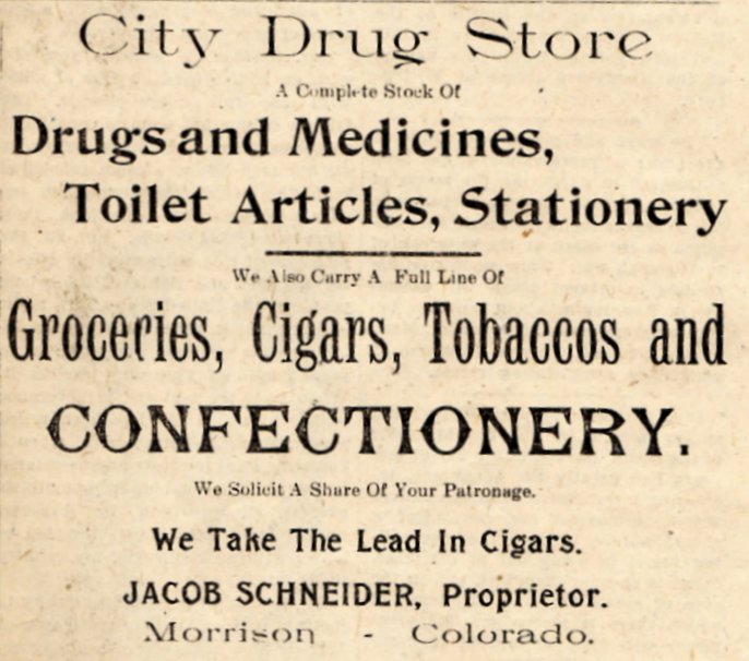 City Drug Store offered drugs and medicines, toilet articles, stationery as well as groceries, cigars, tobaccos, and confectionery.